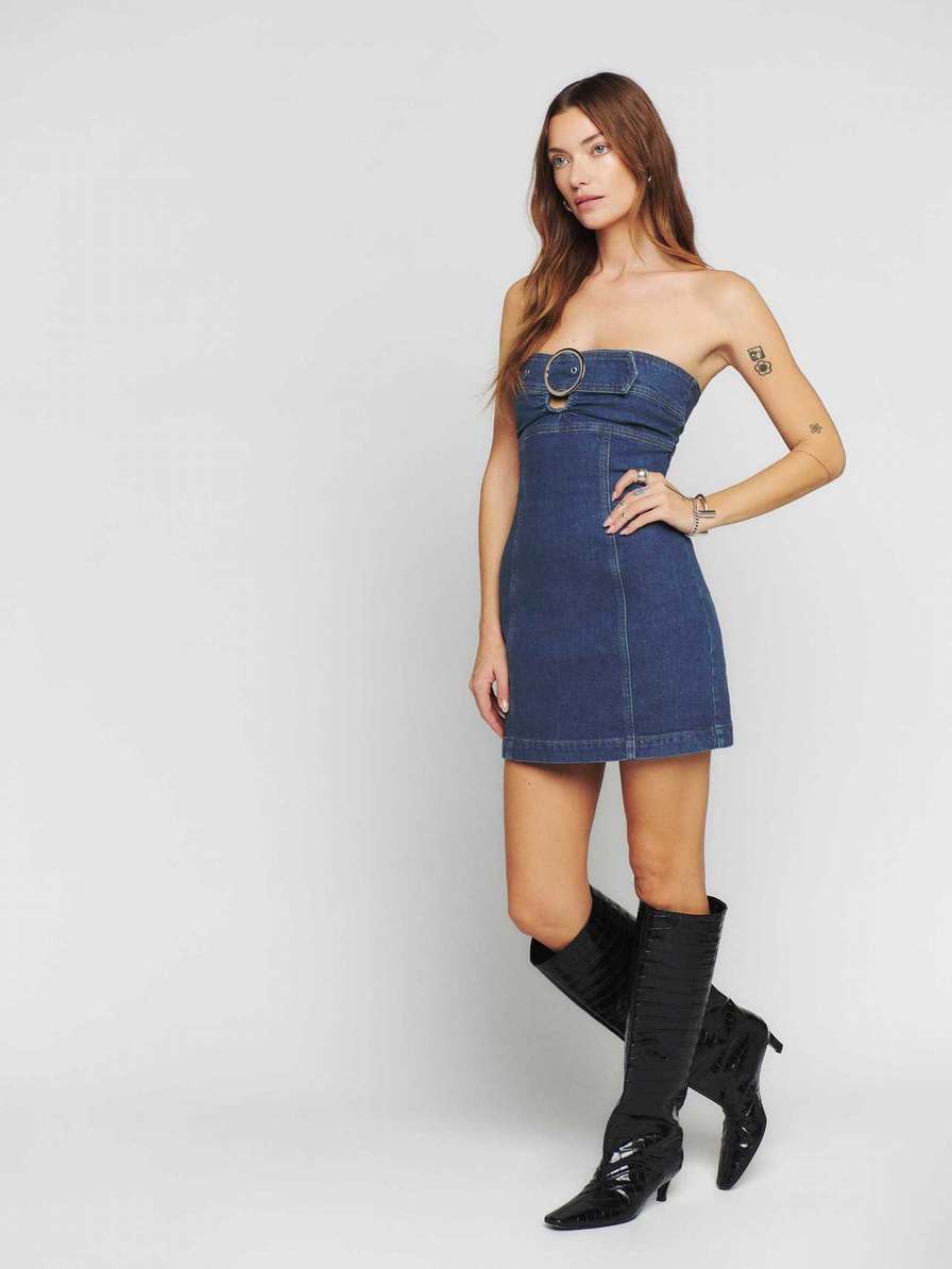 Women's Reformation Dori Denim Mini Dress Blue | USA-751386