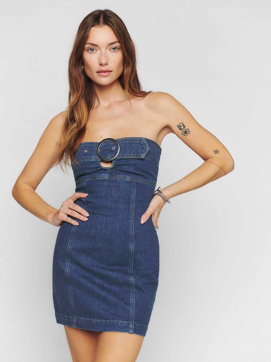 Women's Reformation Dori Denim Mini Dress Blue | USA-751386