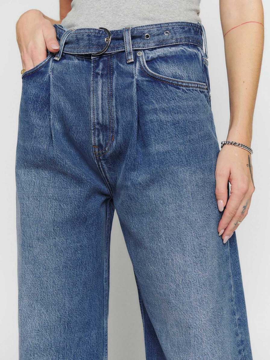 Women's Reformation Dree Belted Baggy Wide Leg Jeans Blue | USA-615023