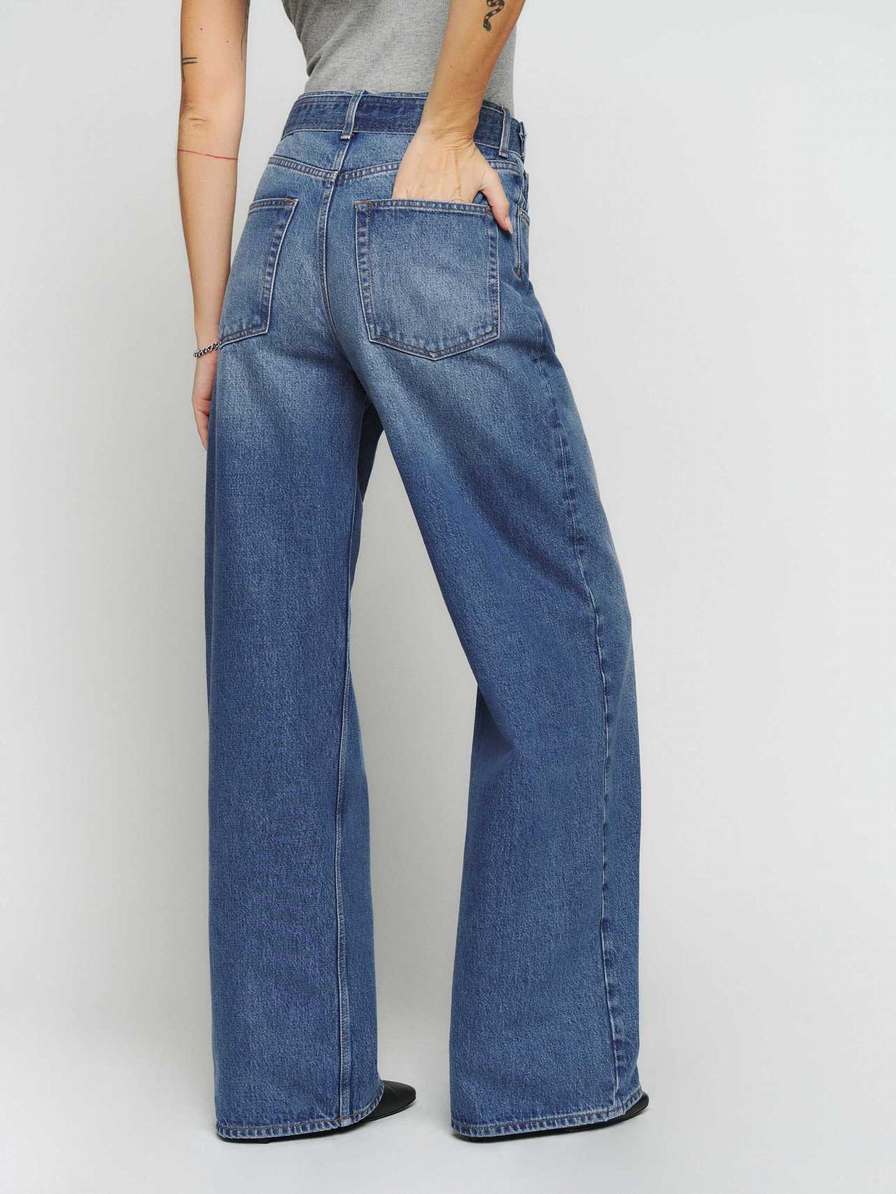 Women's Reformation Dree Belted Baggy Wide Leg Jeans Blue | USA-615023