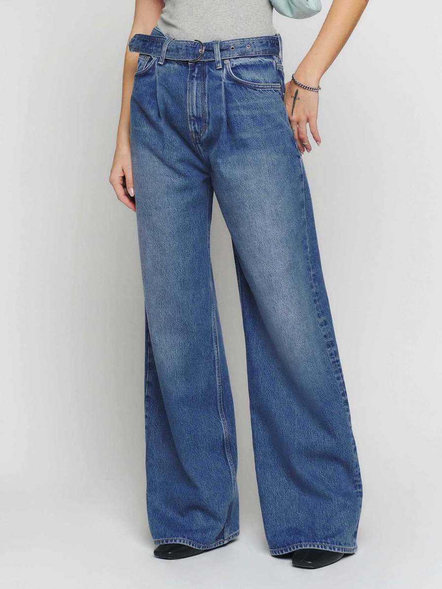 Women's Reformation Dree Belted Baggy Wide Leg Jeans Blue | USA-615023