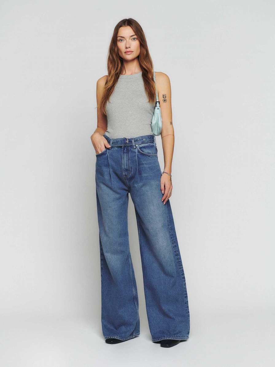 Women's Reformation Dree Belted Baggy Wide Leg Jeans Blue | USA-615023