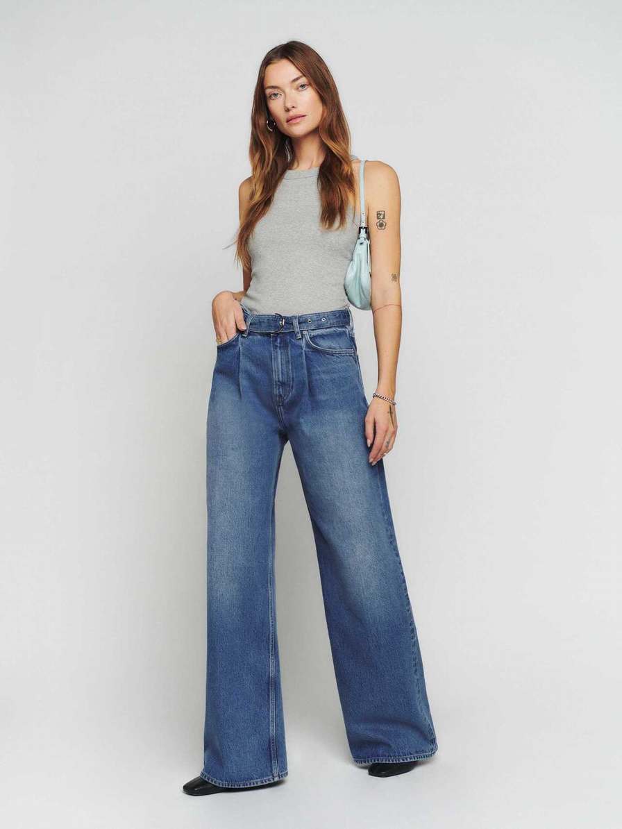 Women\'s Reformation Dree Belted Baggy Wide Leg Jeans Blue | USA-615023