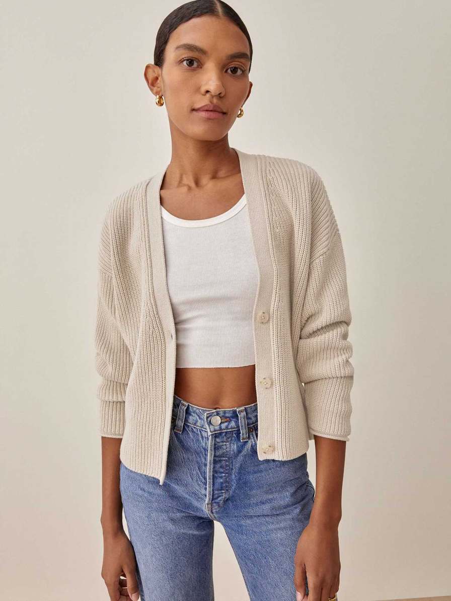 Women's Reformation Elke Cotton Cardigan Beige | USA-6815723