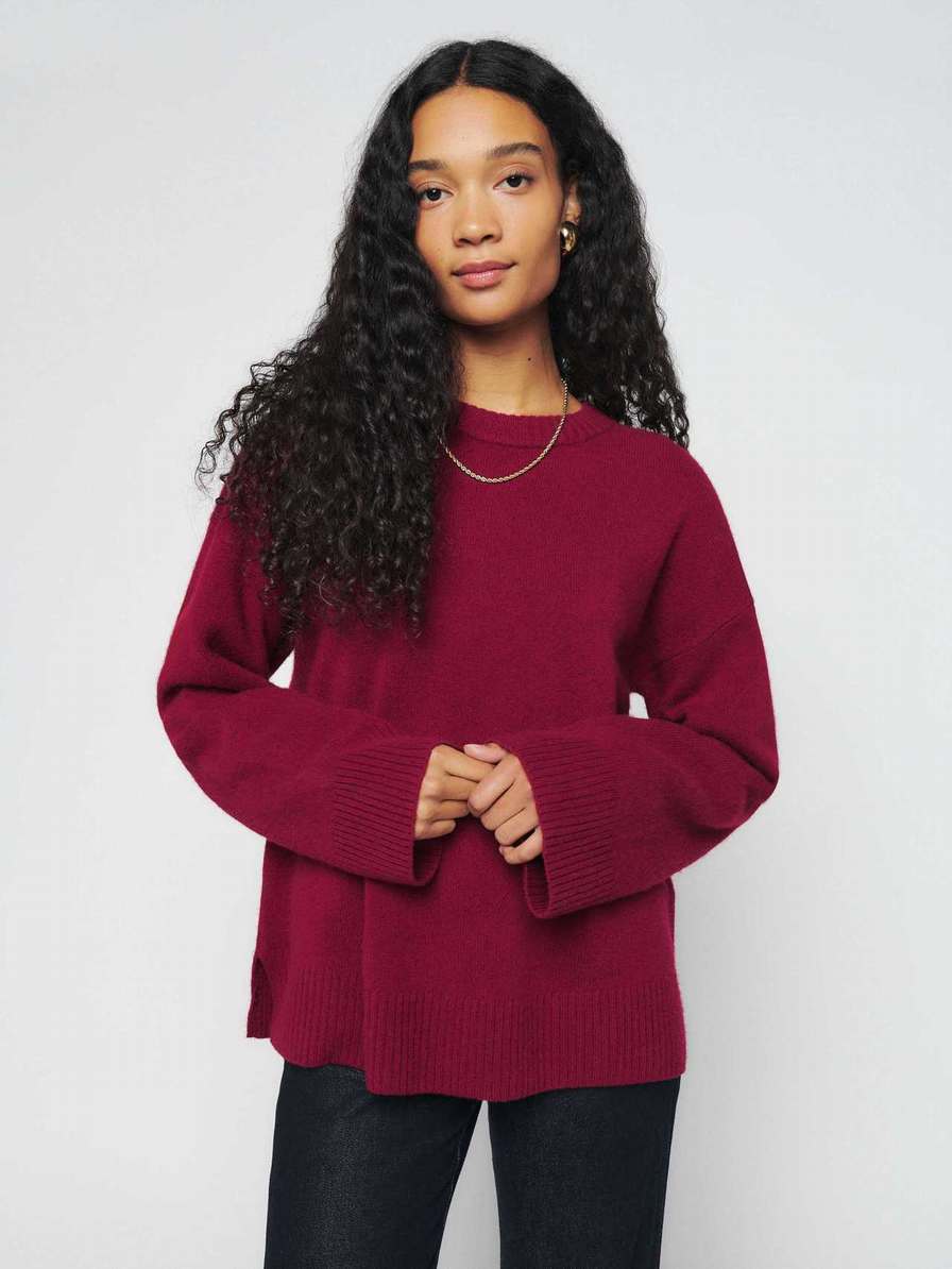 Women's Reformation Enda Regenerative Wool Sweater Dark Pink | USA-276384