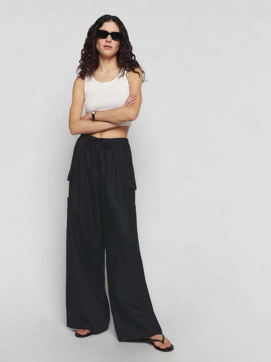 Women\'s Reformation Ethan Linen Pants Black | USA-630851