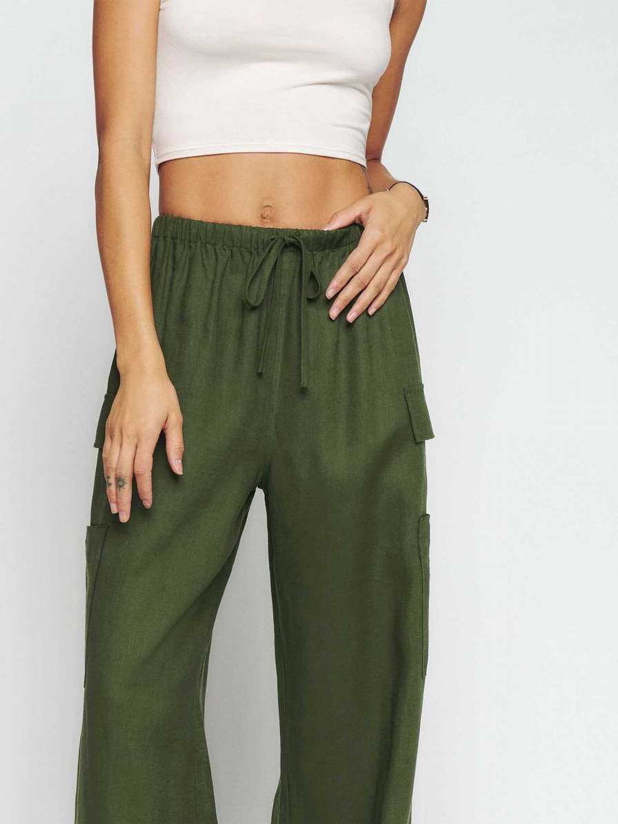 Women's Reformation Ethan Linen Pants Dark Green | USA-483102