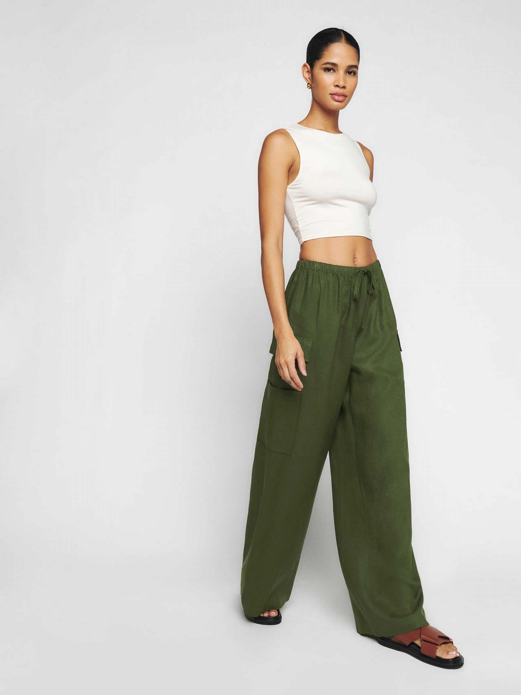 Women's Reformation Ethan Linen Pants Dark Green | USA-483102