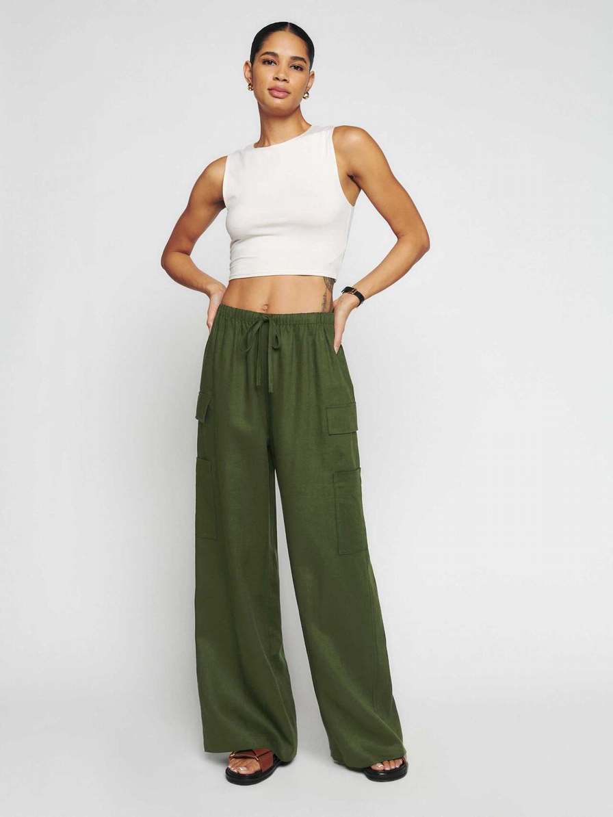 Women's Reformation Ethan Linen Pants Dark Green | USA-483102