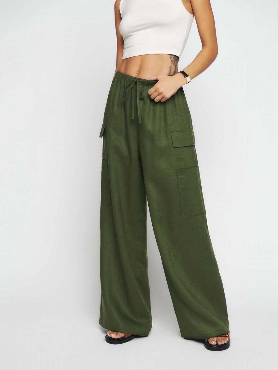 Women\'s Reformation Ethan Linen Pants Dark Green | USA-483102