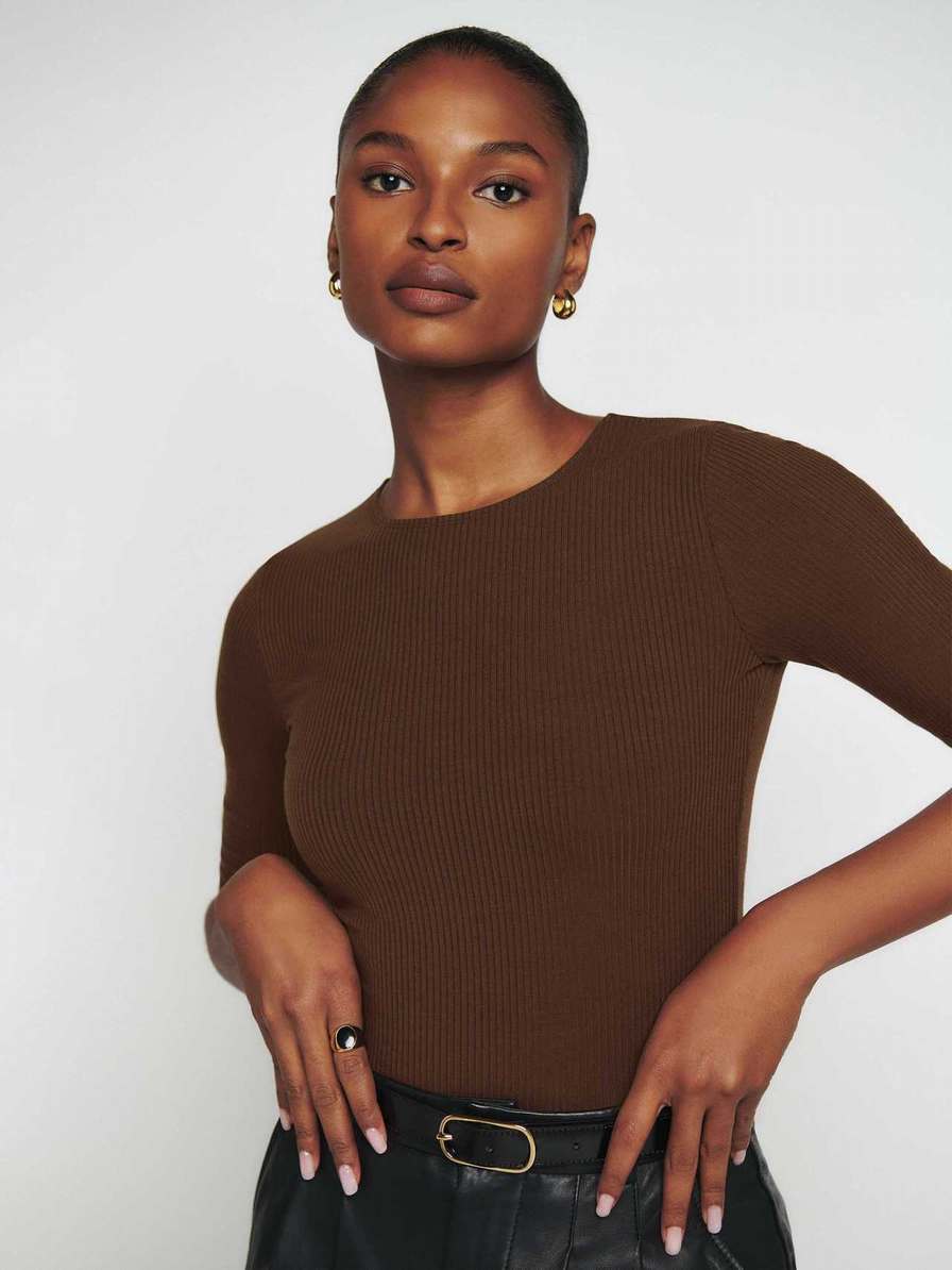 Women's Reformation Everet Knit Tops Coffee | USA-714305