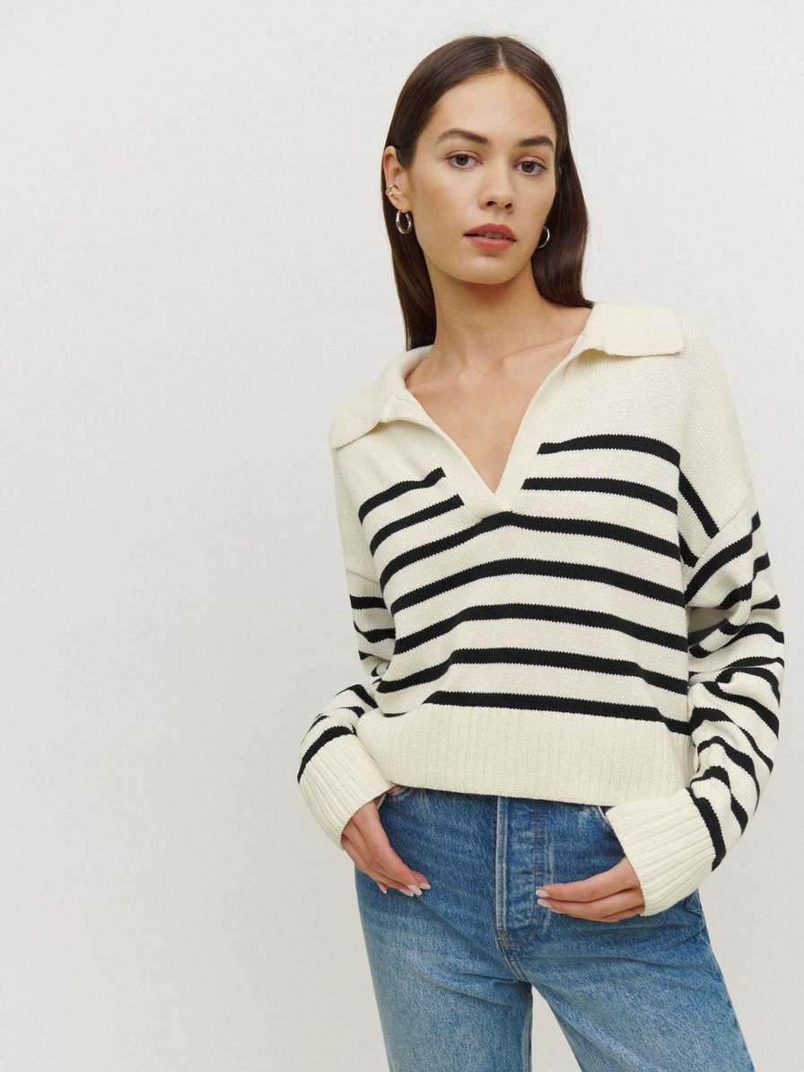 Women's Reformation Francesco Cotton Sweater Black Stripes | USA-316247