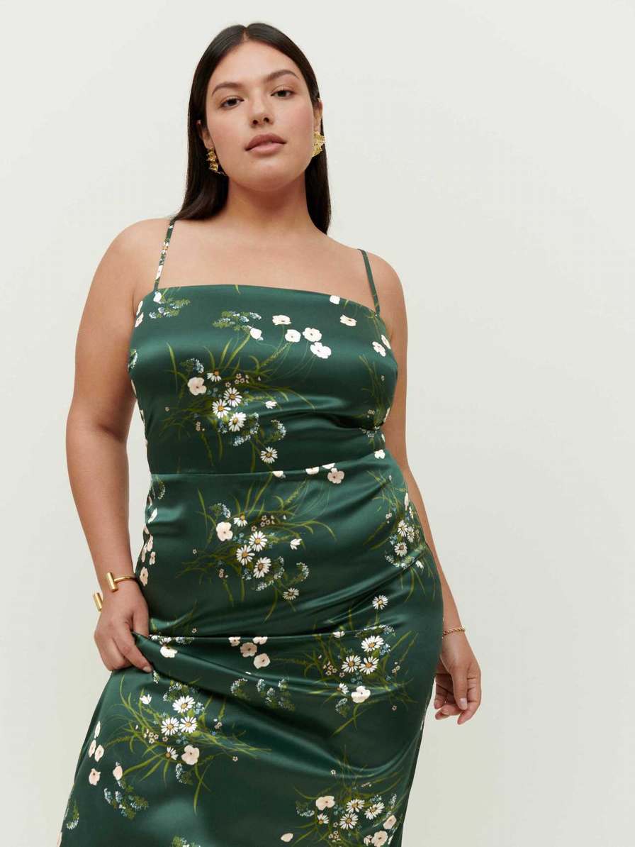 Women's Reformation Frankie Silk Es Dress Dark Green | USA-803426