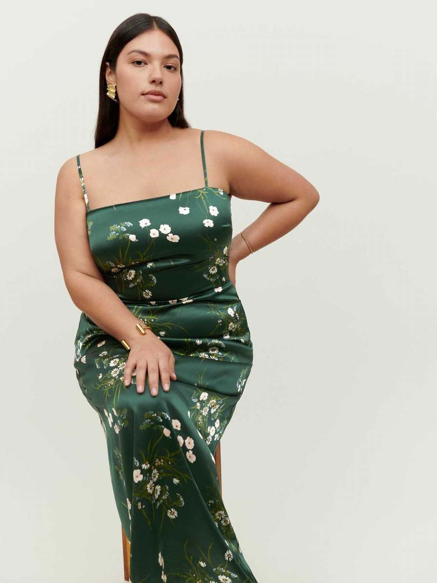 Women's Reformation Frankie Silk Es Dress Dark Green | USA-803426