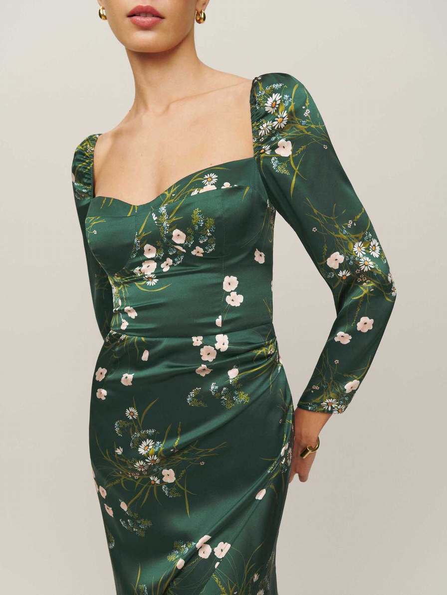 Women's Reformation Gloriana Silk Dress Dark Green | USA-2361504