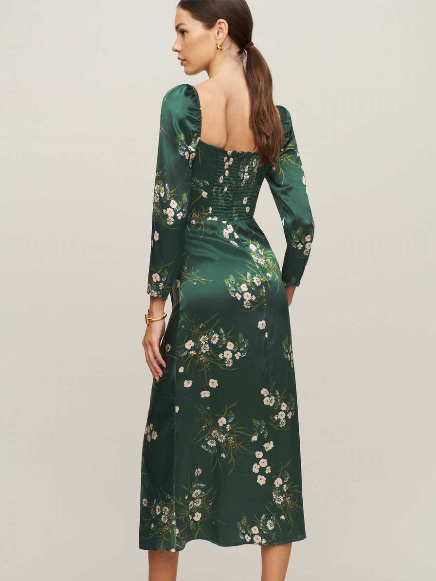 Women's Reformation Gloriana Silk Dress Dark Green | USA-2361504