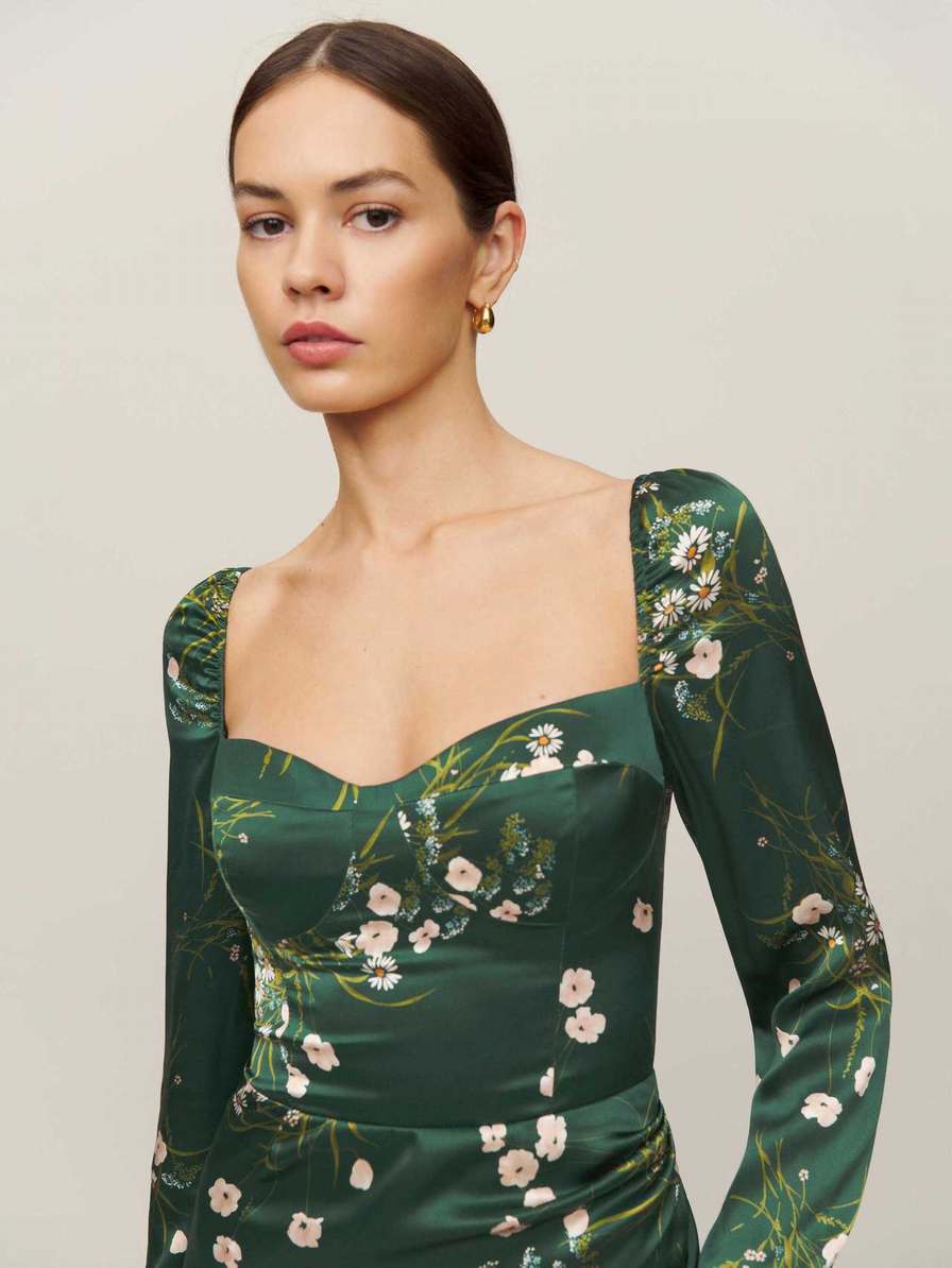 Women's Reformation Gloriana Silk Dress Dark Green | USA-2361504