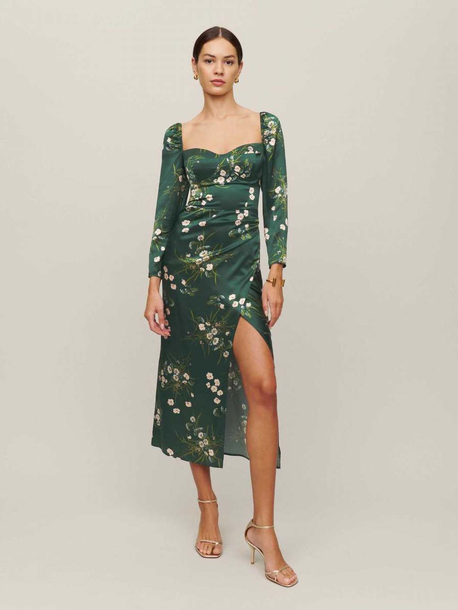 Women's Reformation Gloriana Silk Dress Dark Green | USA-2361504