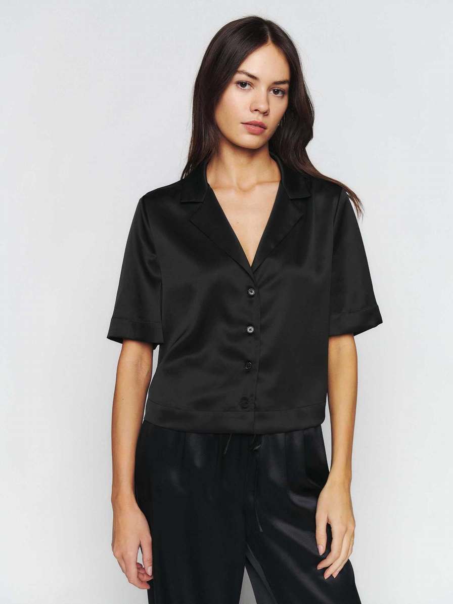 Women's Reformation Hanson Satin Tops Black | USA-8564071