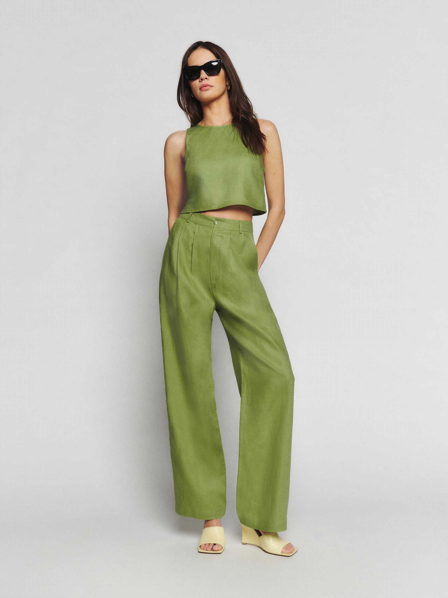 Women's Reformation Jacinta Linen Tops Green | USA-547328