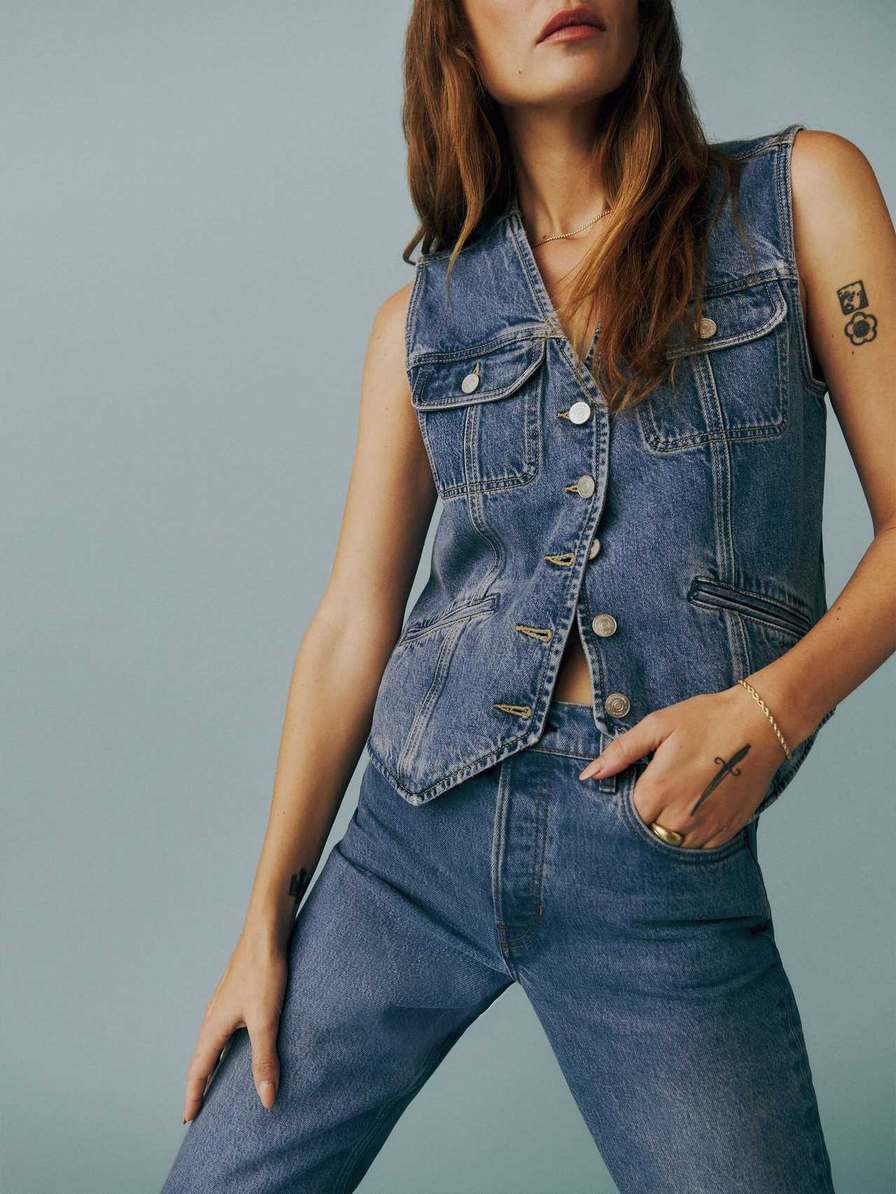 Women's Reformation Jacqui Denim Vest Blue | USA-614573