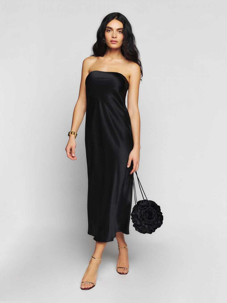 Women's Reformation Joana Silk Dress Black | USA-0251643