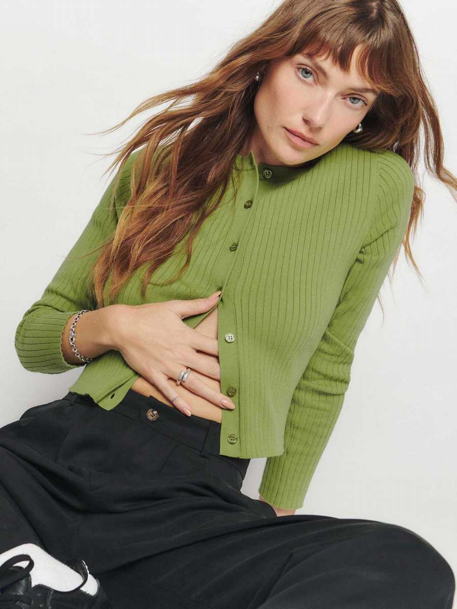 Women's Reformation Joanne Cotton Cardigan Green | USA-520378