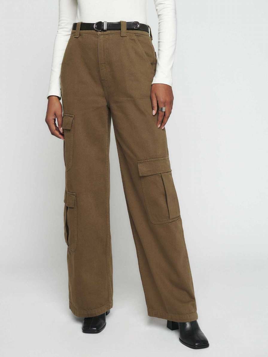 Women's Reformation Landy Wide Leg Cargo Jeans Dark Olive | USA-2750143