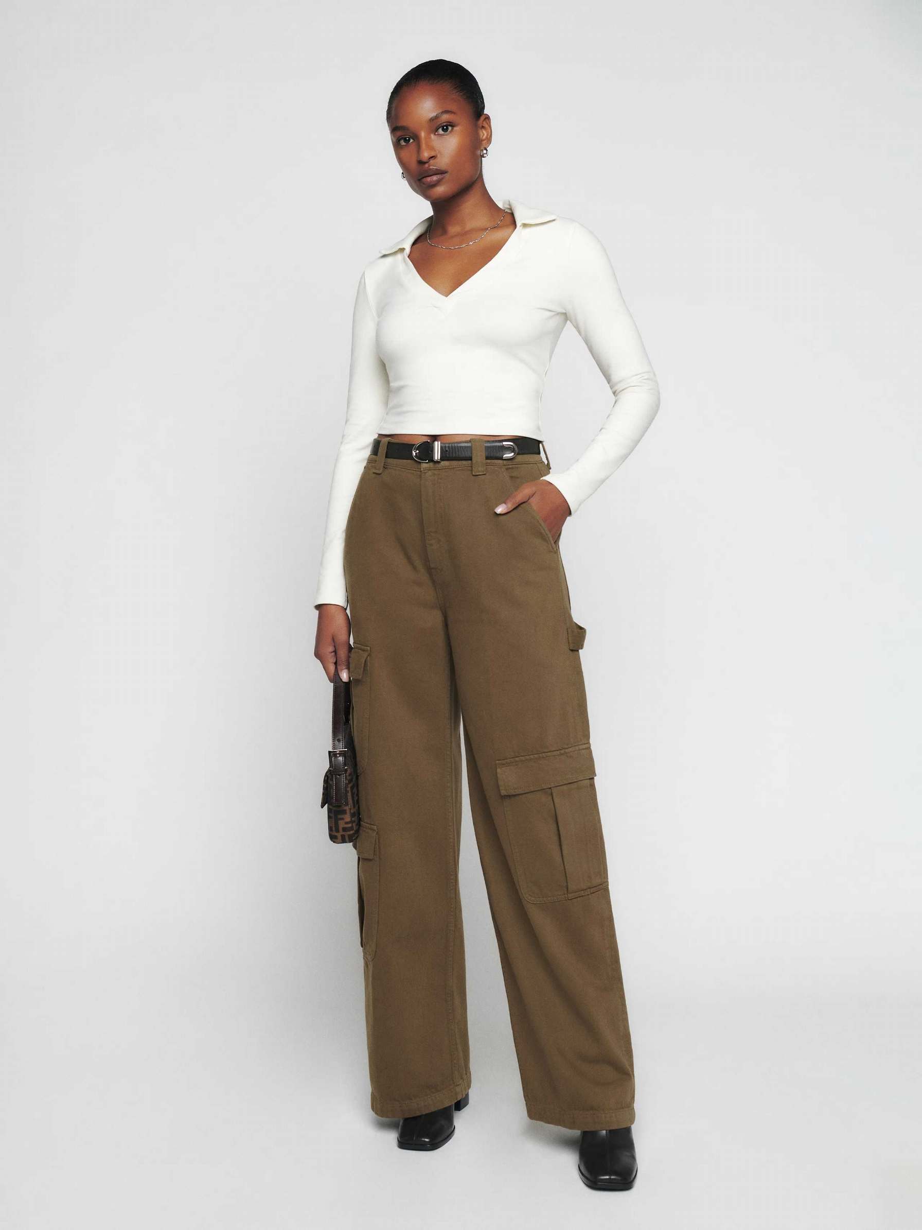 Women\'s Reformation Landy Wide Leg Cargo Jeans Dark Olive | USA-2750143