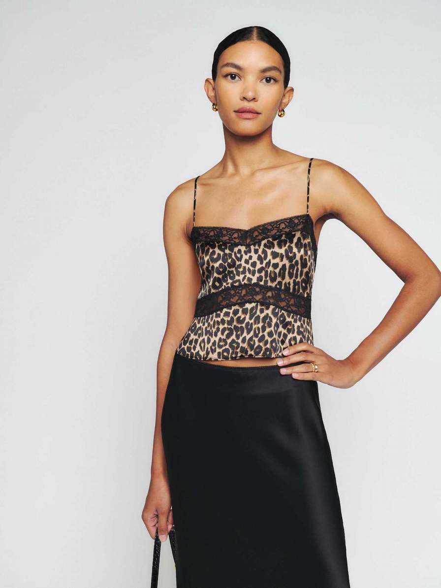 Women's Reformation Lane Silk Tops Leopard | USA-8150463