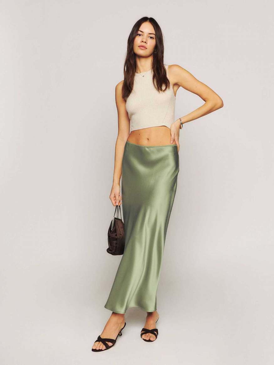 Women's Reformation Layla Silk Skirts Dark Green | USA-2105673