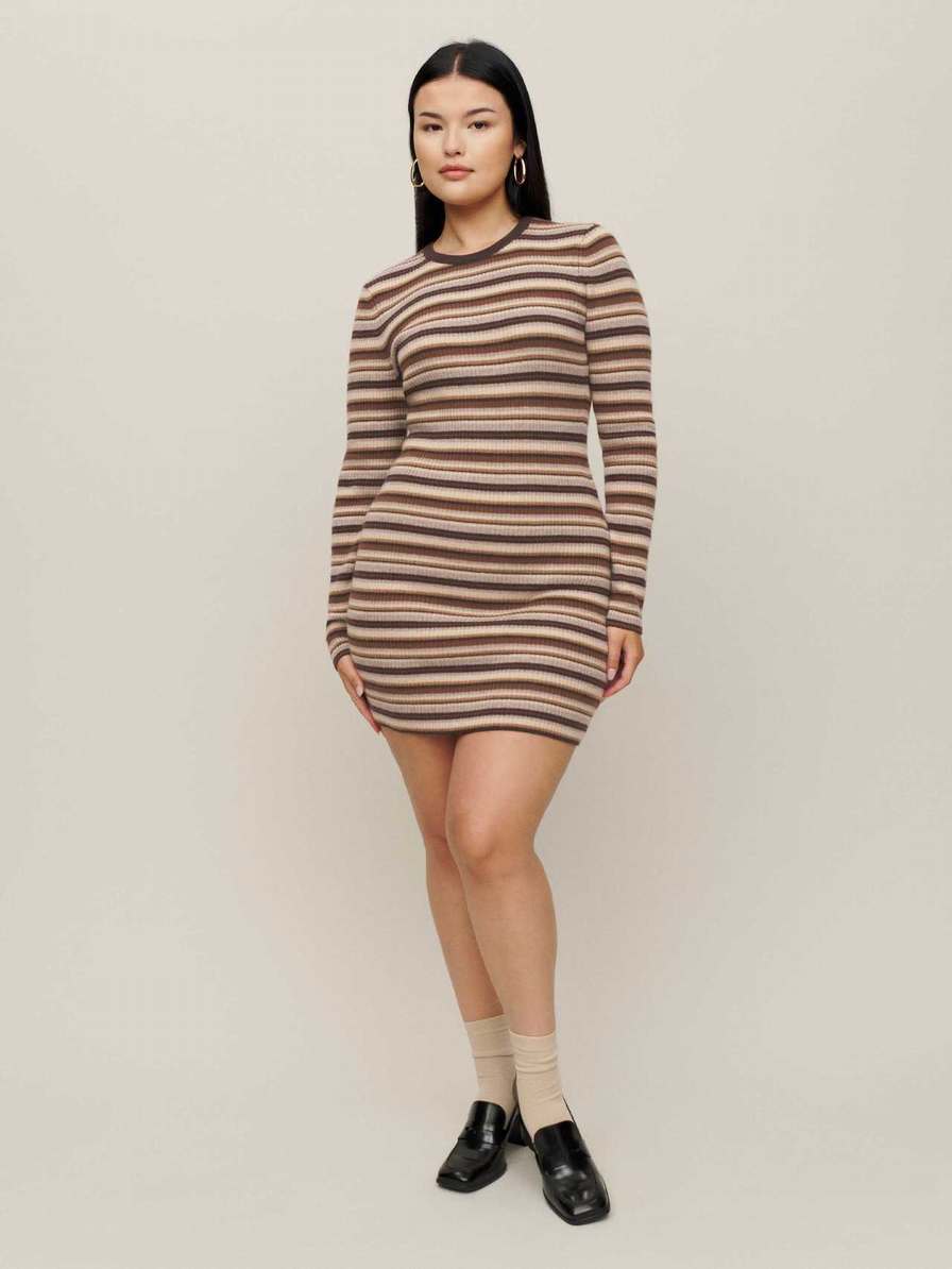 Women's Reformation Leone Cashmere Mini Dress Brown Stripes | USA-0768451