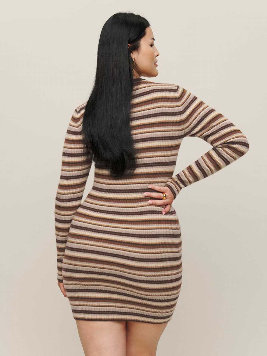 Women's Reformation Leone Cashmere Mini Dress Brown Stripes | USA-0768451