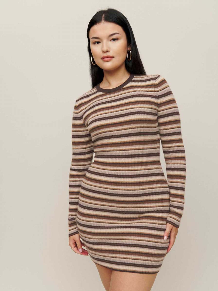 Women's Reformation Leone Cashmere Mini Dress Brown Stripes | USA-0768451