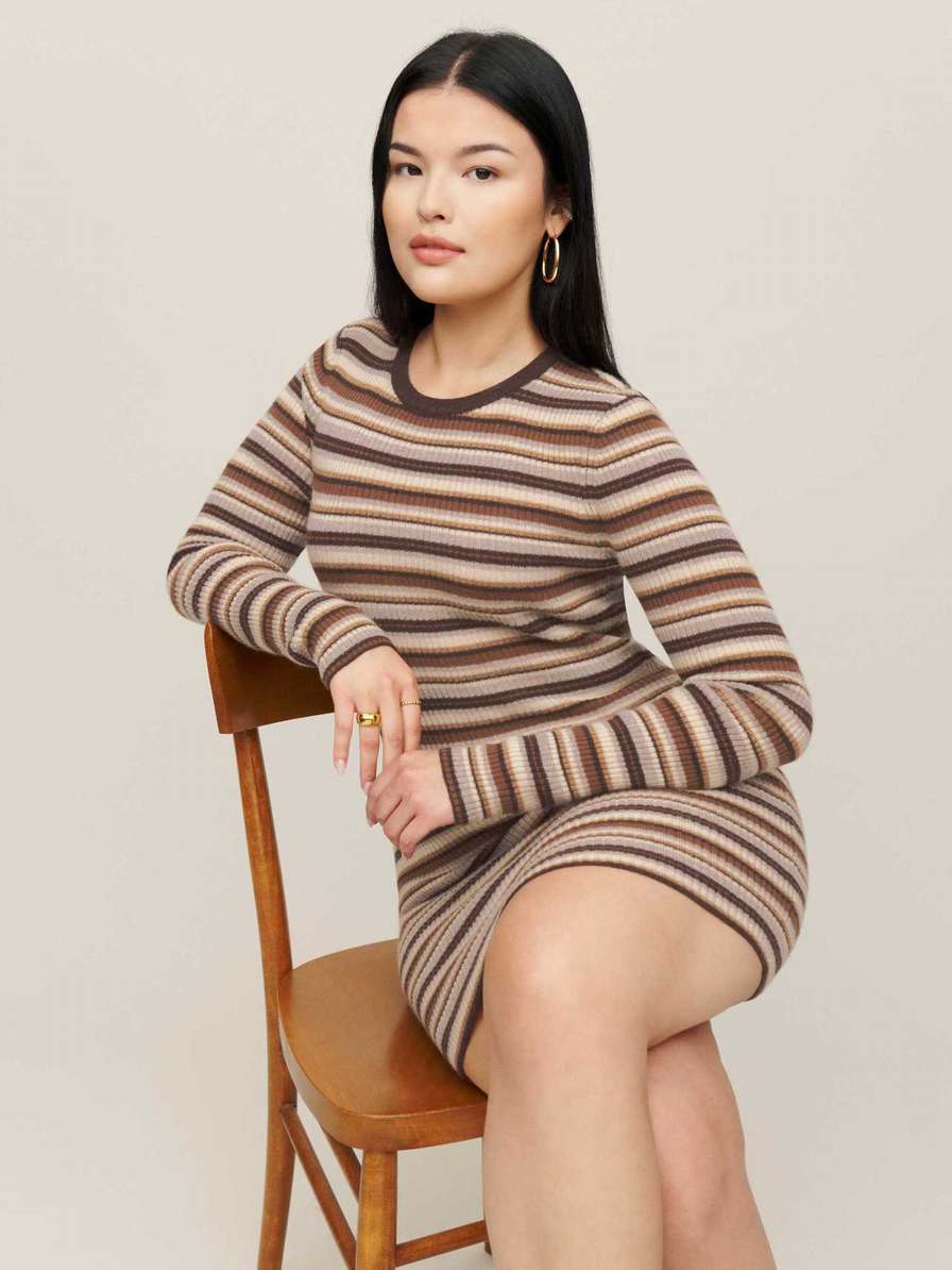 Women\'s Reformation Leone Cashmere Mini Dress Brown Stripes | USA-0768451