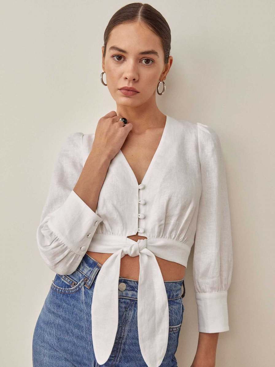 Women's Reformation Liam Linen Tops White | USA-3276081