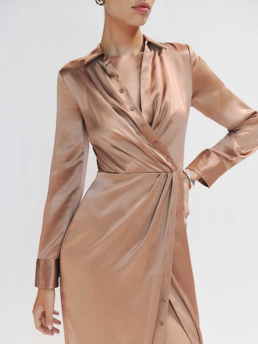 Women's Reformation Lyon Silk Dress Light Brown | USA-584670