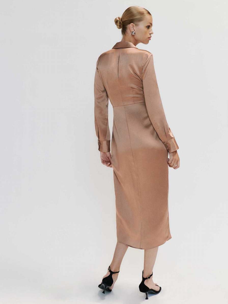 Women's Reformation Lyon Silk Dress Light Brown | USA-584670