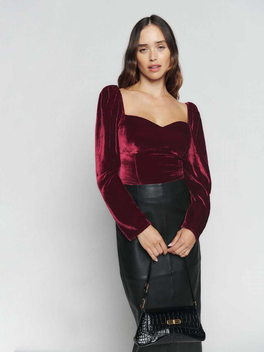 Women's Reformation Monroe Velvet Tops Burgundy | USA-284617