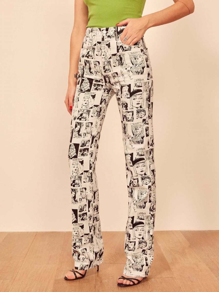 Women's Reformation Newsprint High Rise Straight Long Jeans Black / White | USA-871362