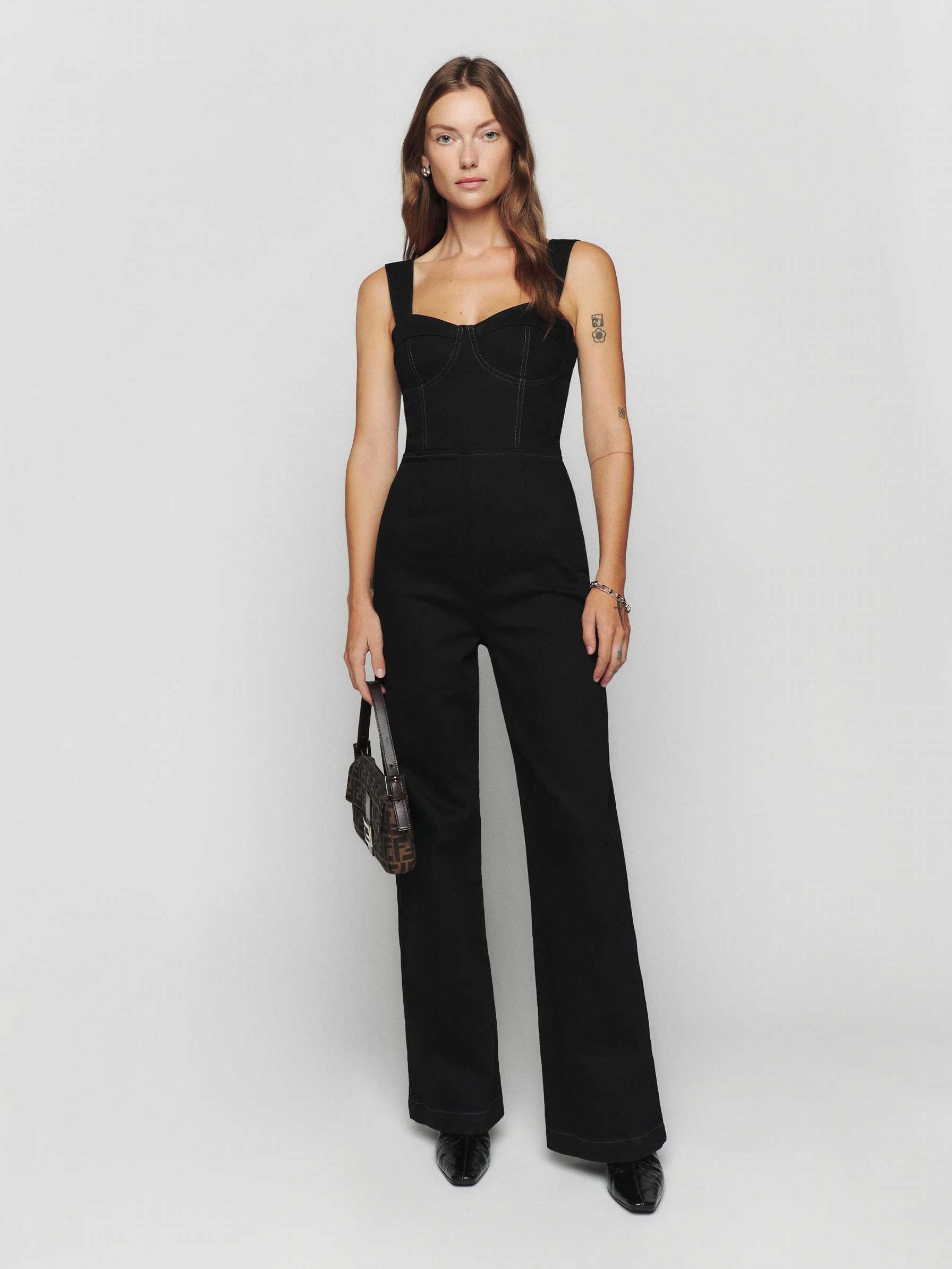 Women's Reformation Nikki Bustier Denim Jumpsuit Black | USA-624157