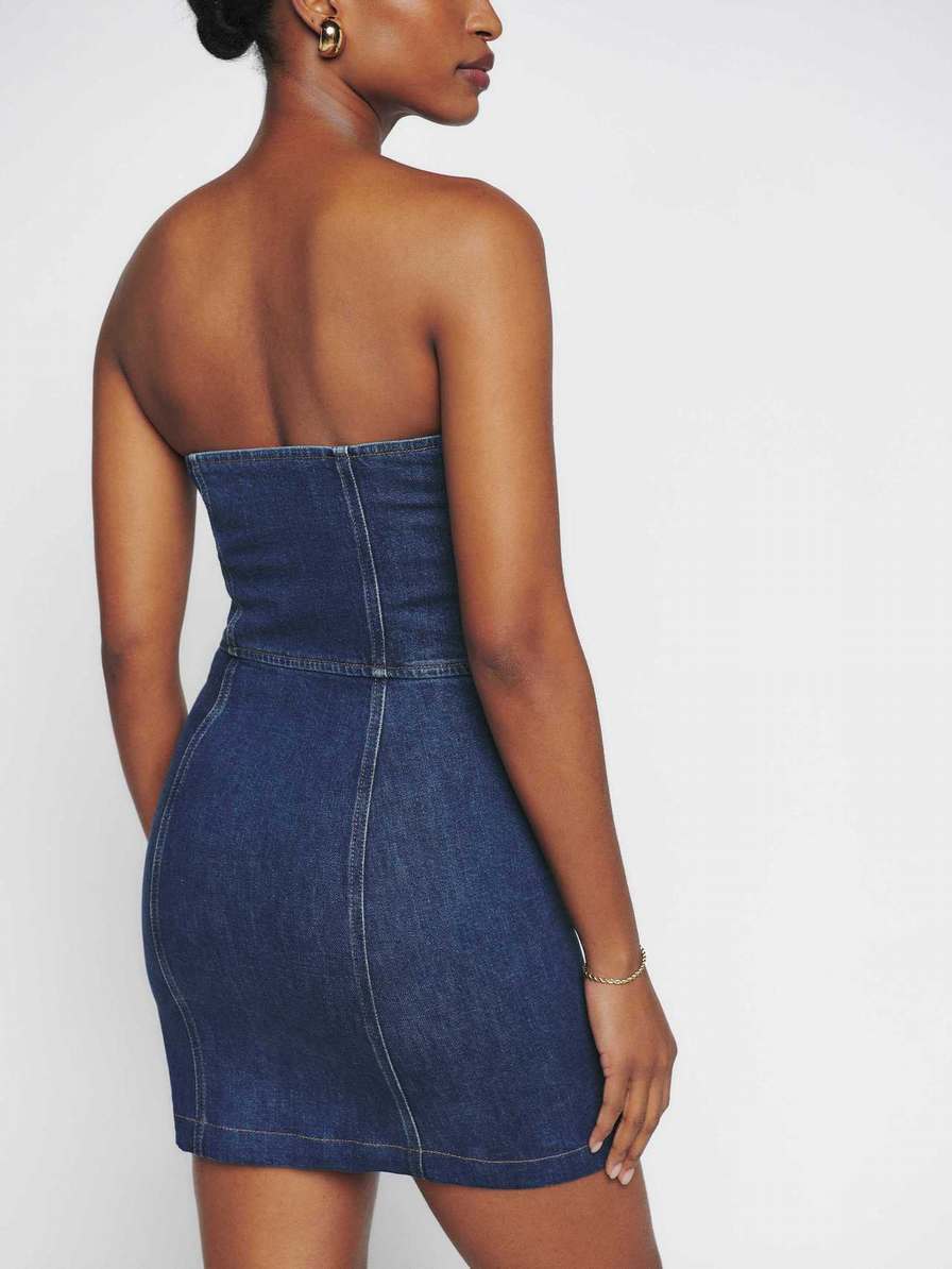 Women's Reformation Nikki Strapless Bustier Denim Mini Dress Blue | USA-584761