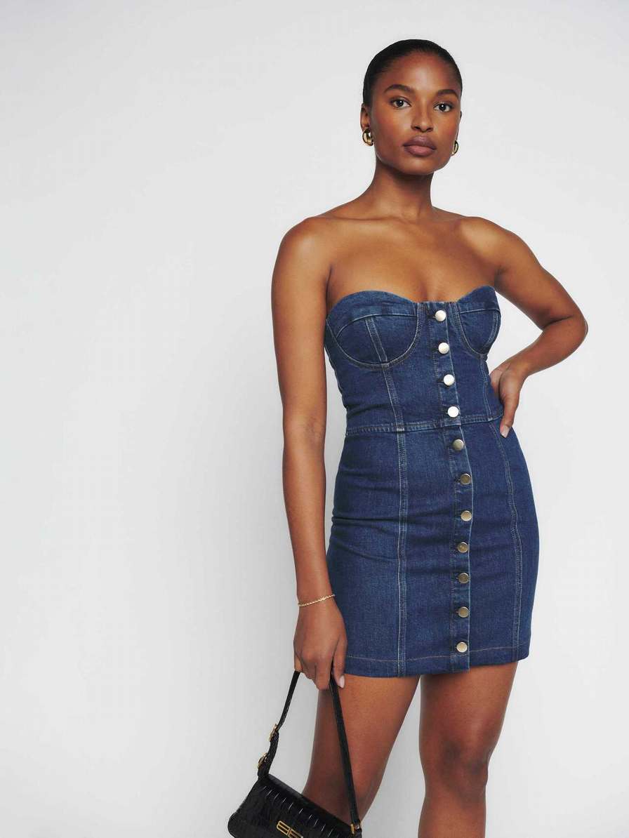 Women\'s Reformation Nikki Strapless Bustier Denim Mini Dress Blue | USA-584761