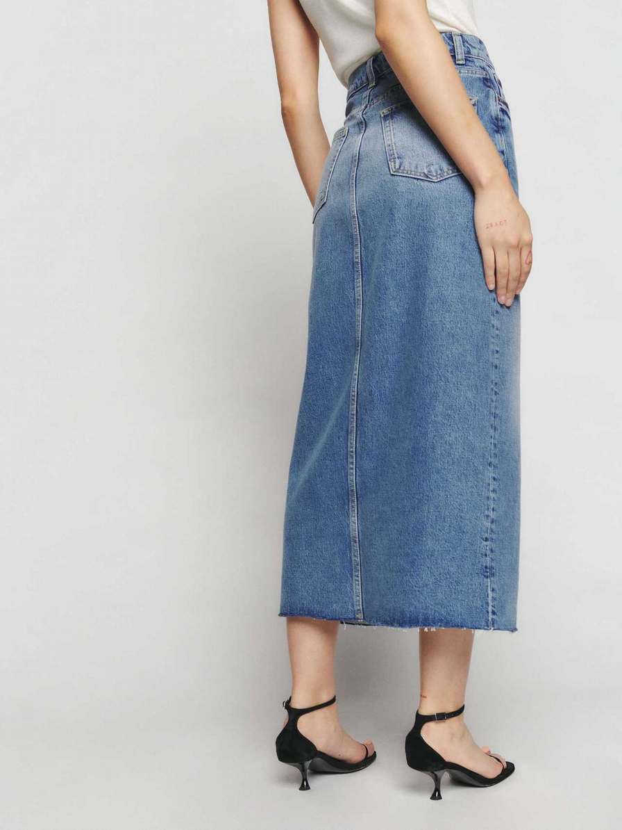 Women's Reformation Nila Long Denim Skirts Azure | USA-025741