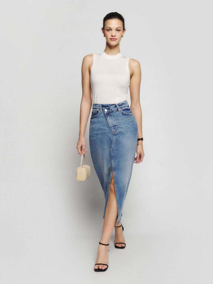 Women's Reformation Nila Long Denim Skirts Azure | USA-025741