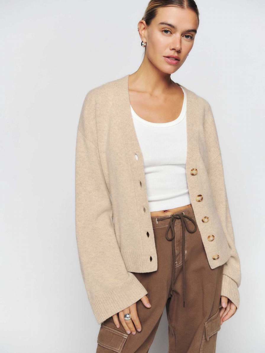 Women's Reformation Novara Regenerative Wool Cardigan Beige | USA-641758