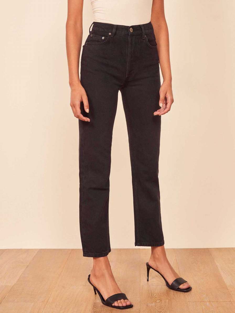 Women's Reformation Petites Cynthia High Rise Straight Jeans Black | USA-230784