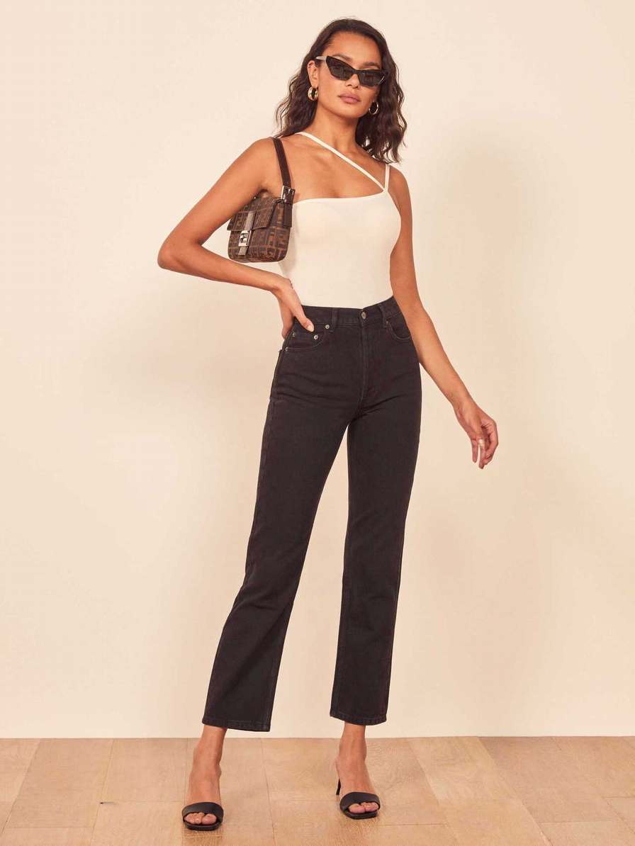 Women's Reformation Petites Cynthia High Rise Straight Jeans Black | USA-230784