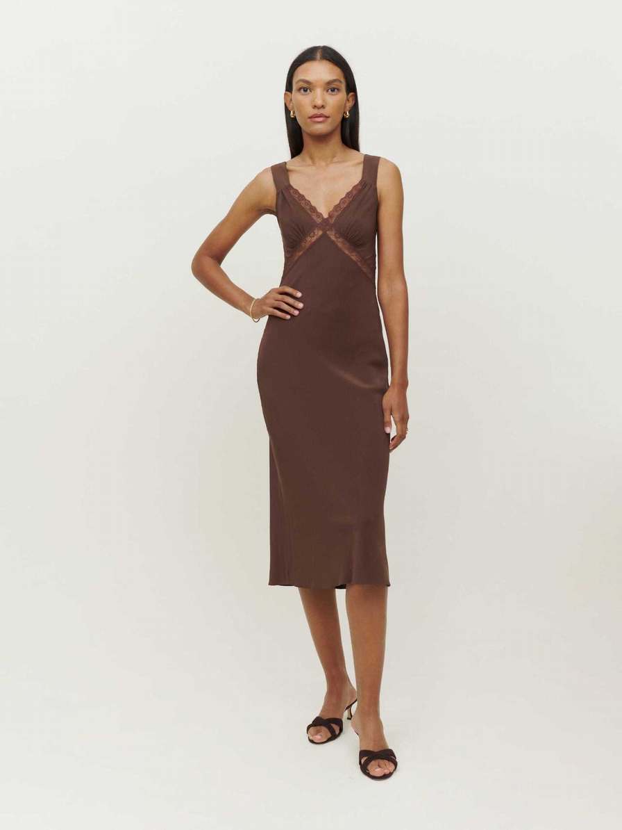 Women's Reformation Provence Silk Dress Coffee | USA-153082