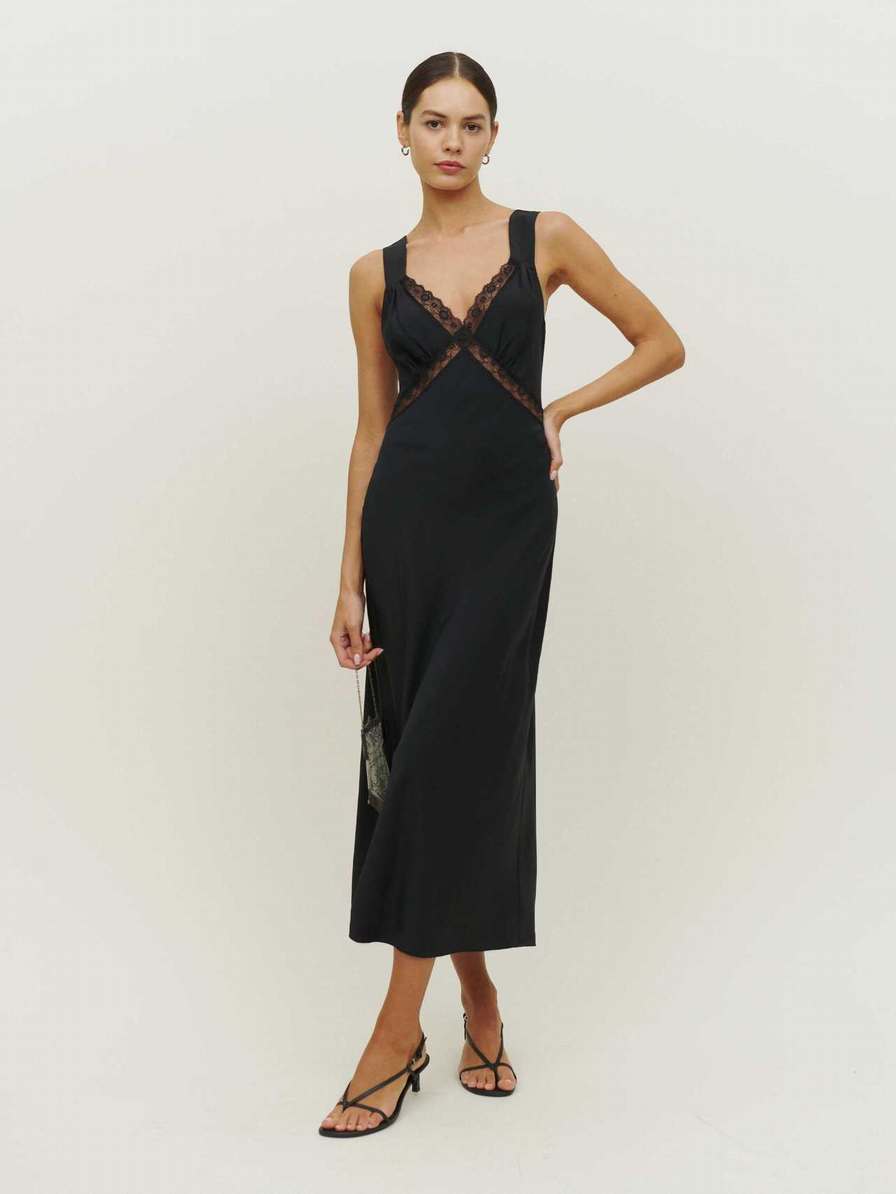 Women's Reformation Provence Silk Dress Black | USA-621375